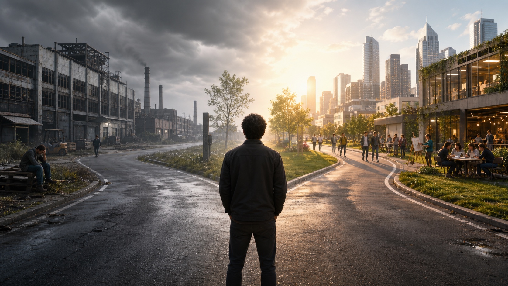 A person stands at a fork in the road between a bleak, stagnant AI future and a bright future of learning, creativity, collaboration, and economic opportunity